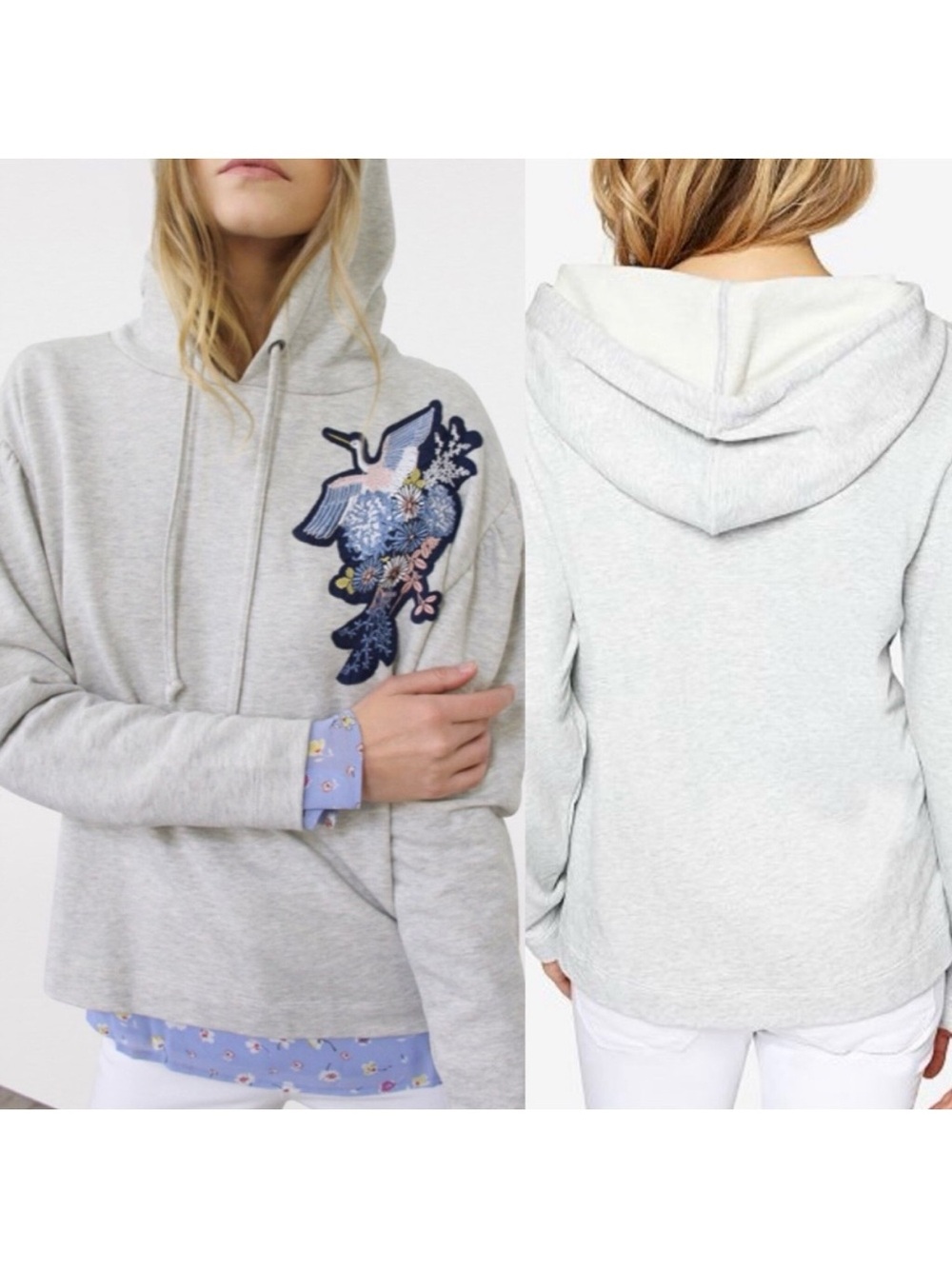 Sanctuary X Anthropologie Crane Bird Embroidered Crop Hoodie: Heathered Grey
